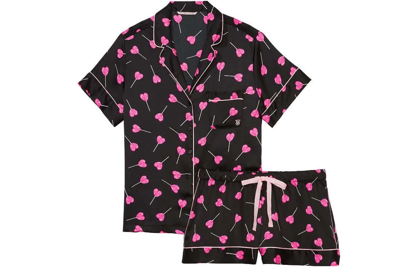 Victoria's Secret Сатиновый короткий комплект пижамы женский черный с принтом леденцов