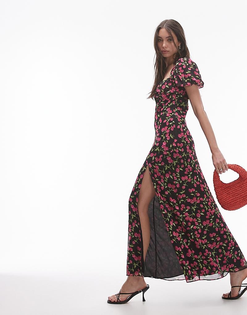 

Topshop – Платье с рюшами на рукавах в красный цветочный узор