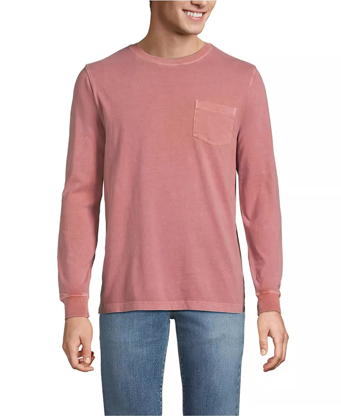 

Мужская удлиненная футболка Super-T с длинным рукавом, карманом и эффектом выцветания на солнце Lands' End, красный