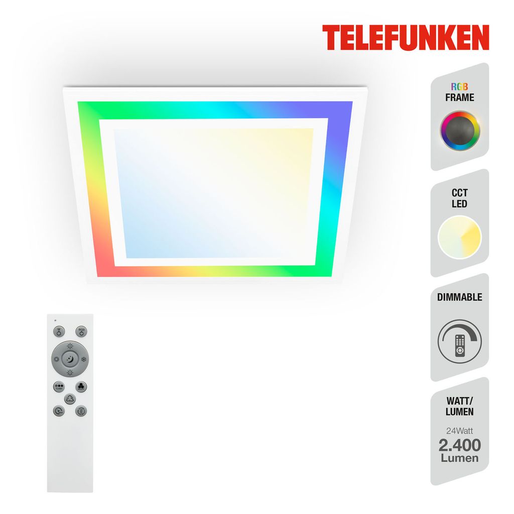 

Светодиодная панель CCT TELEFUNKEN FRAMELIGHT, 24 Вт, 2400 лм, IP20, белая, пластик-металл, с регулируемой яркостью, CCT, 44,5 x 44,5 x 6,3 см, белый