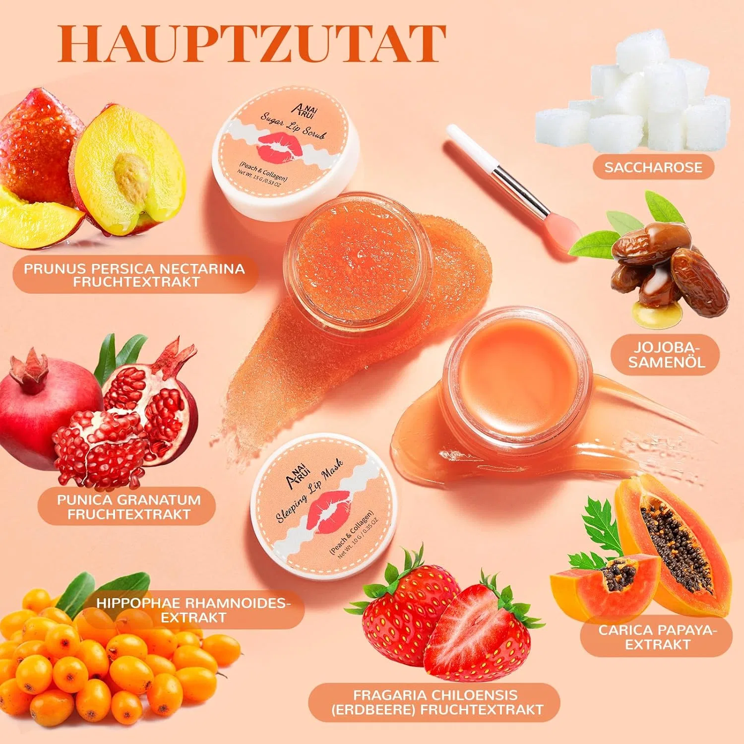 Набор для ухода за губами «Peach Lip Care Set» от ANAiRUi Anai Rui, Peach — фото 2