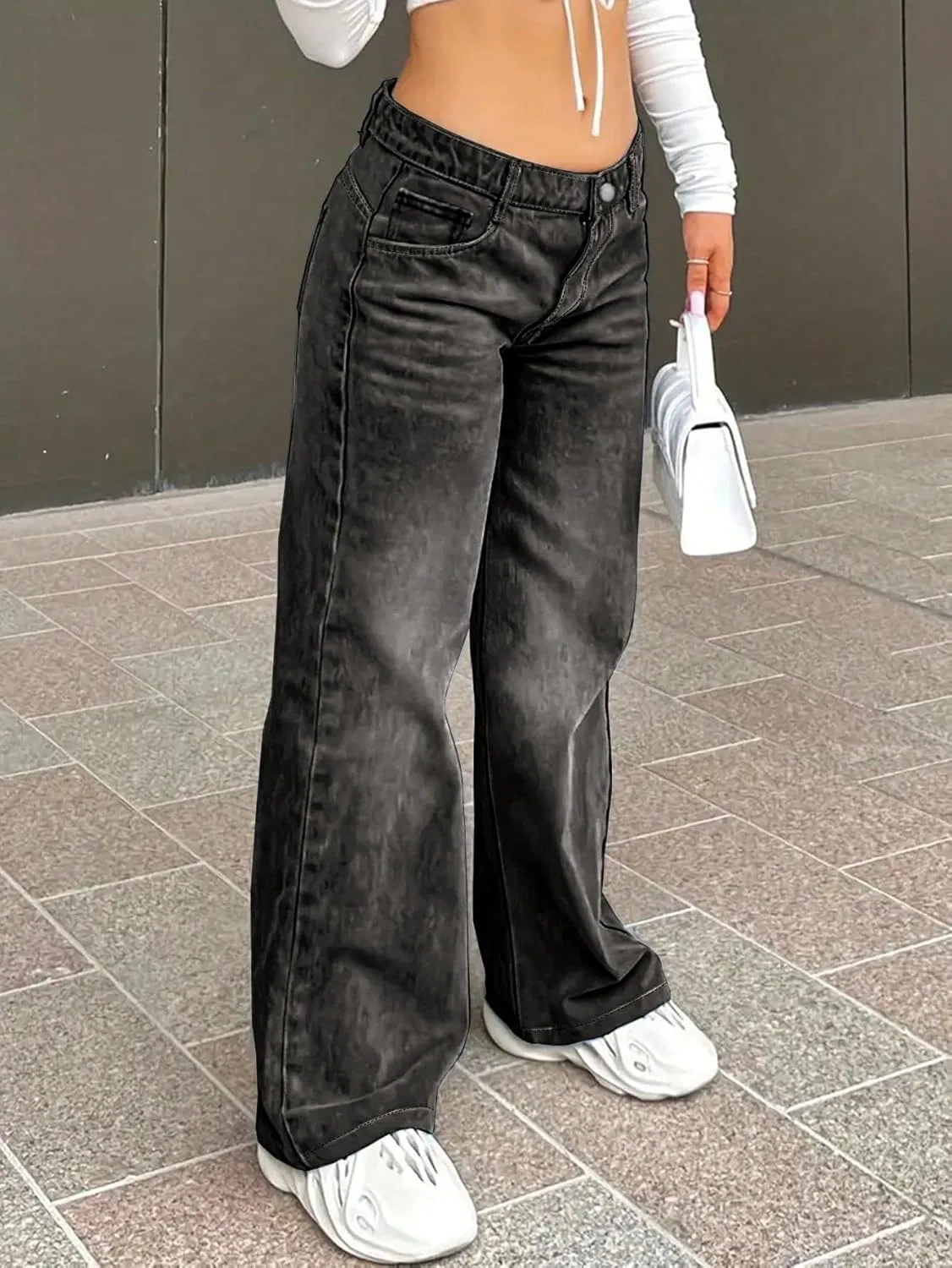 Джинсы свободные, Wide Leg, Trendy Pants, серые — фото 3