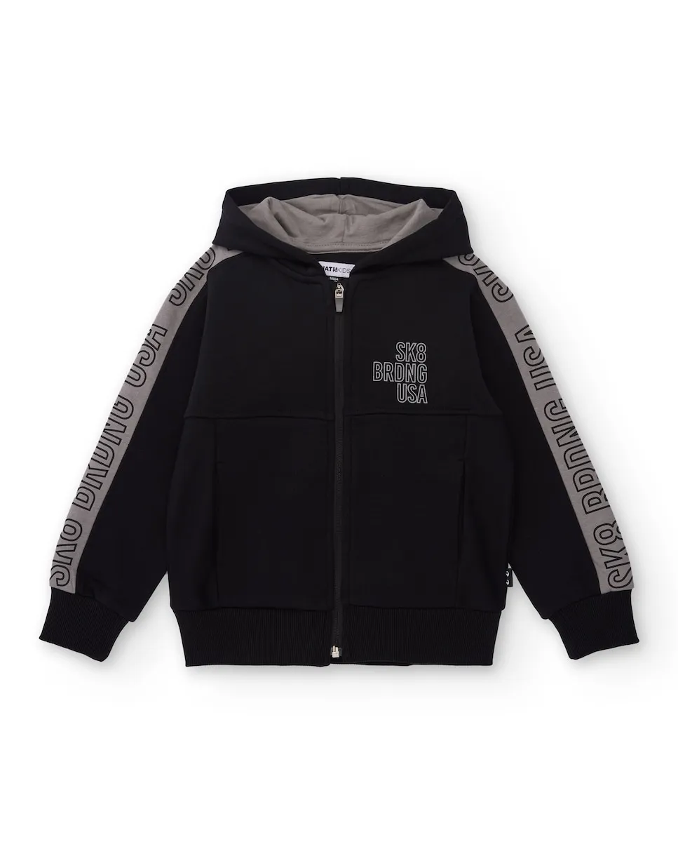 

Черная детская толстовка с капюшоном с боковыми полосками и принтом Tuc tuc