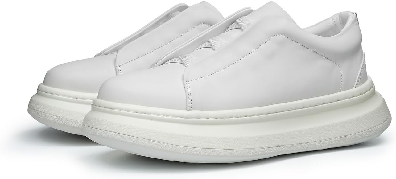 

Мужские кожаные слипоны Santimon с платформой - модные повседневные кроссовки с круглым носком и низким верхом, на скрытой эластичной шнуровке, с эффектом увеличения роста для ежедневного использования и работы, белый