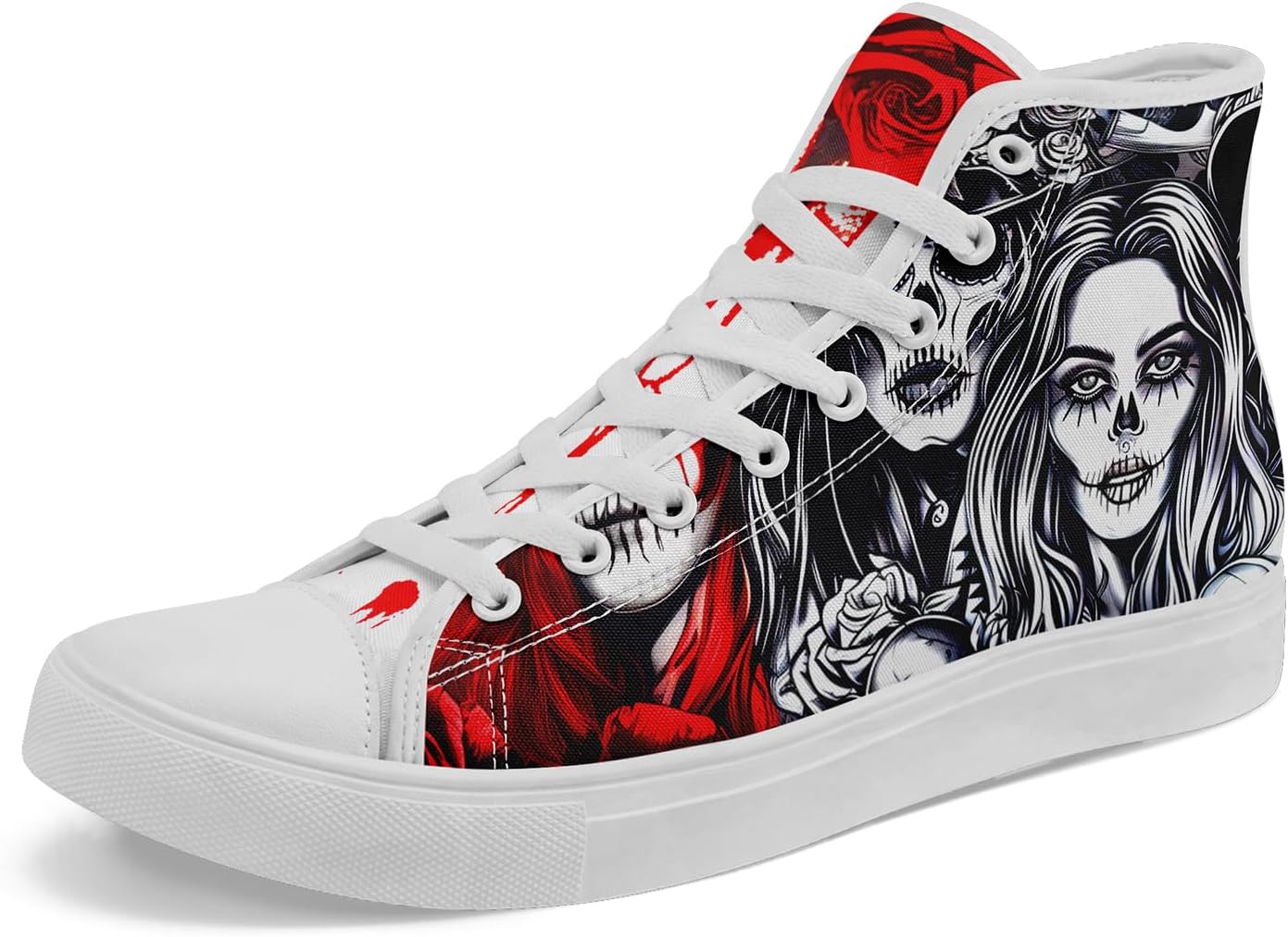 

Крутые настраиваемые высокие кеды с принтом черепа для мужчин и женщин - уникальные яркие высокие кроссовки, удобная повседневная обувь Coolcustomize, белый/красный