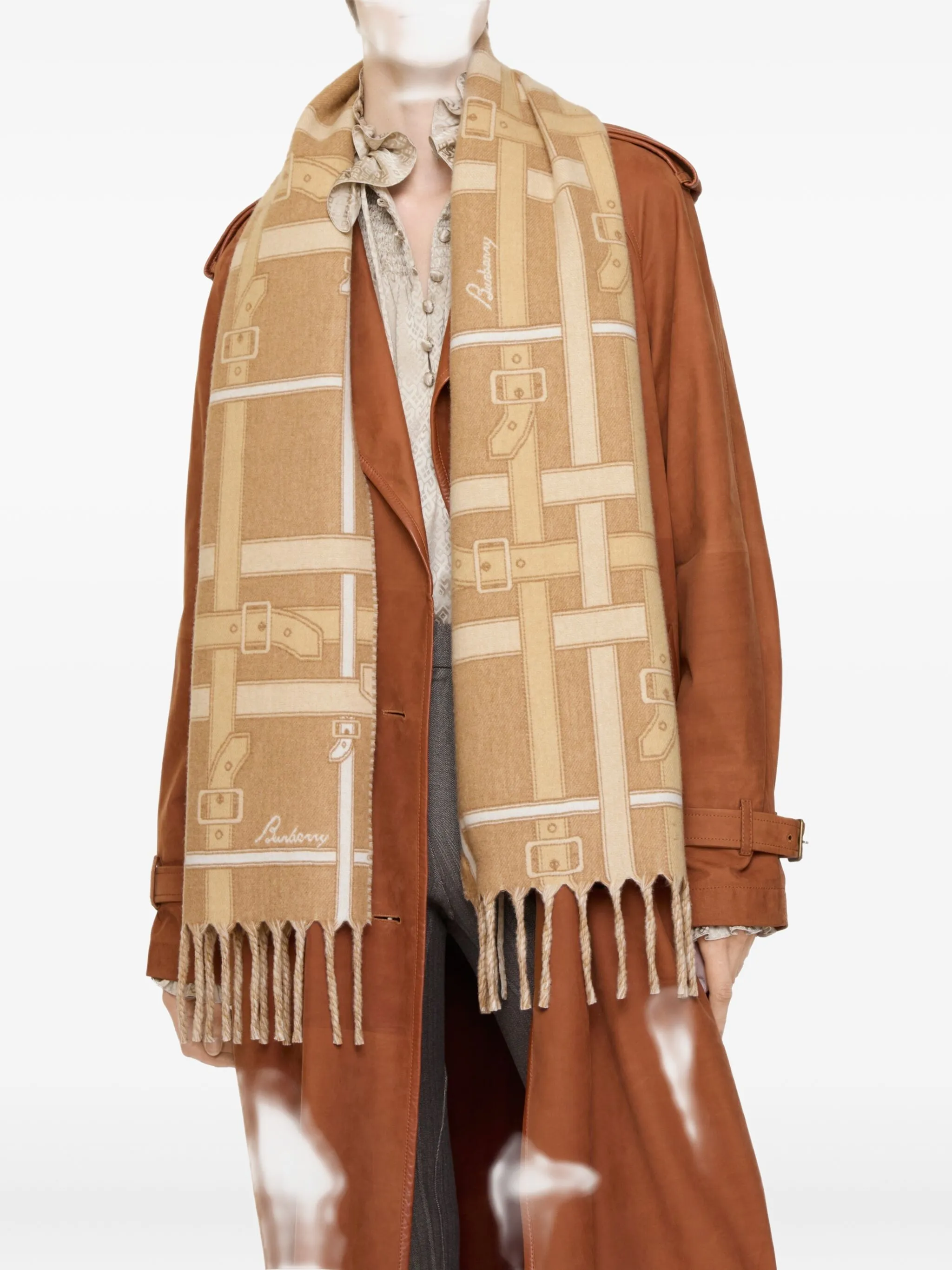 Кашемировый шарф в клетку с поясом Burberry, бежевый — фото 2