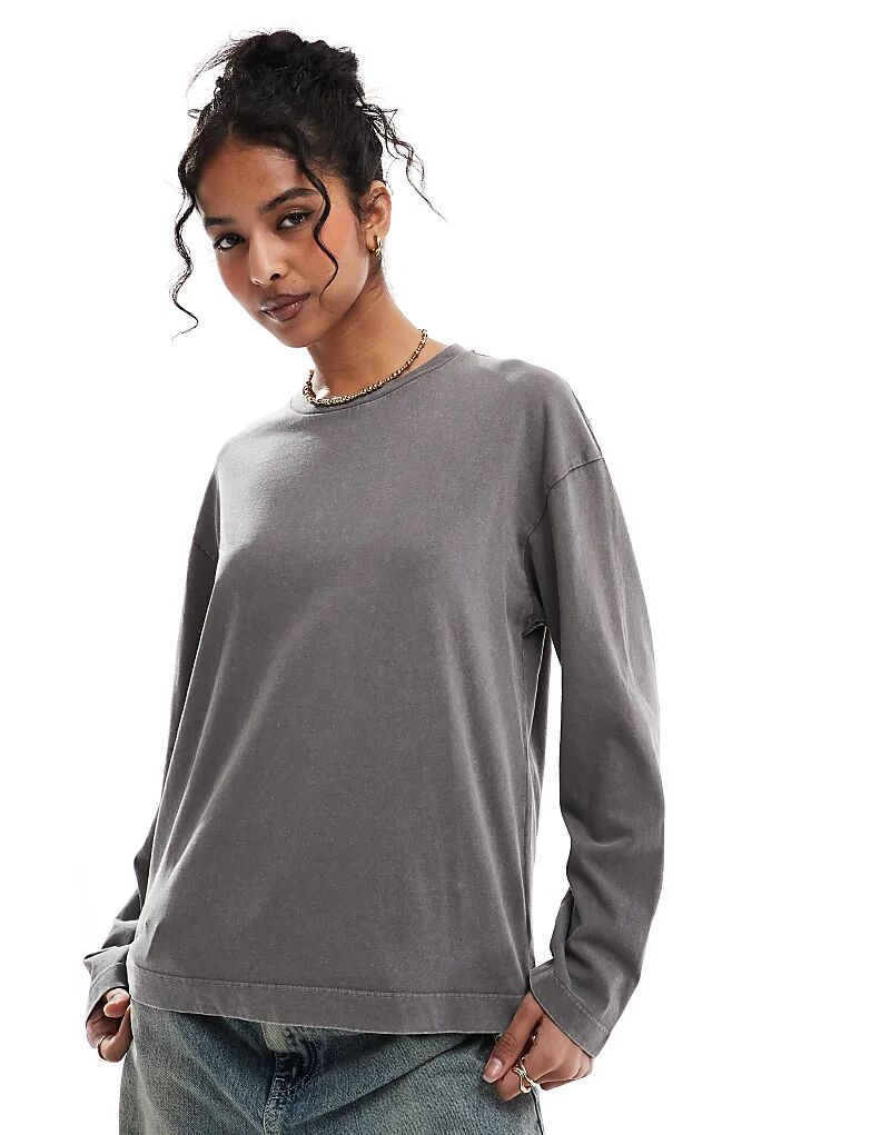 

Футболка большого размера с длинными рукавами темно-серого цвета Pull&Bear