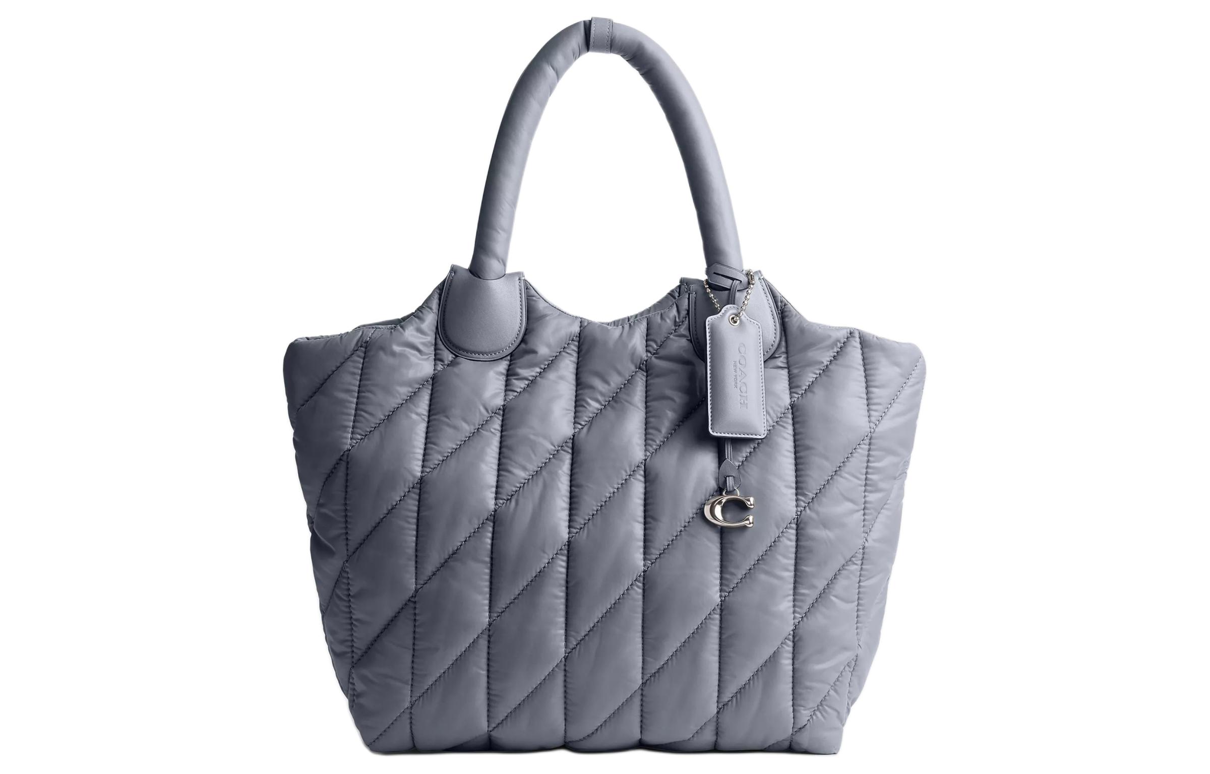 

COACH Нейлоновая и кожаная сумка-шоппер большая женская серебристая и серо-голубая