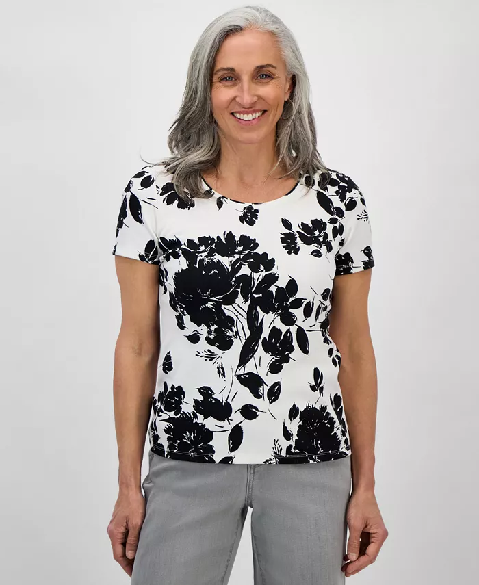 

Небольшой вязаный топ с цветочным принтом, круглым вырезом и короткими рукавами Style & Co, мультиколор