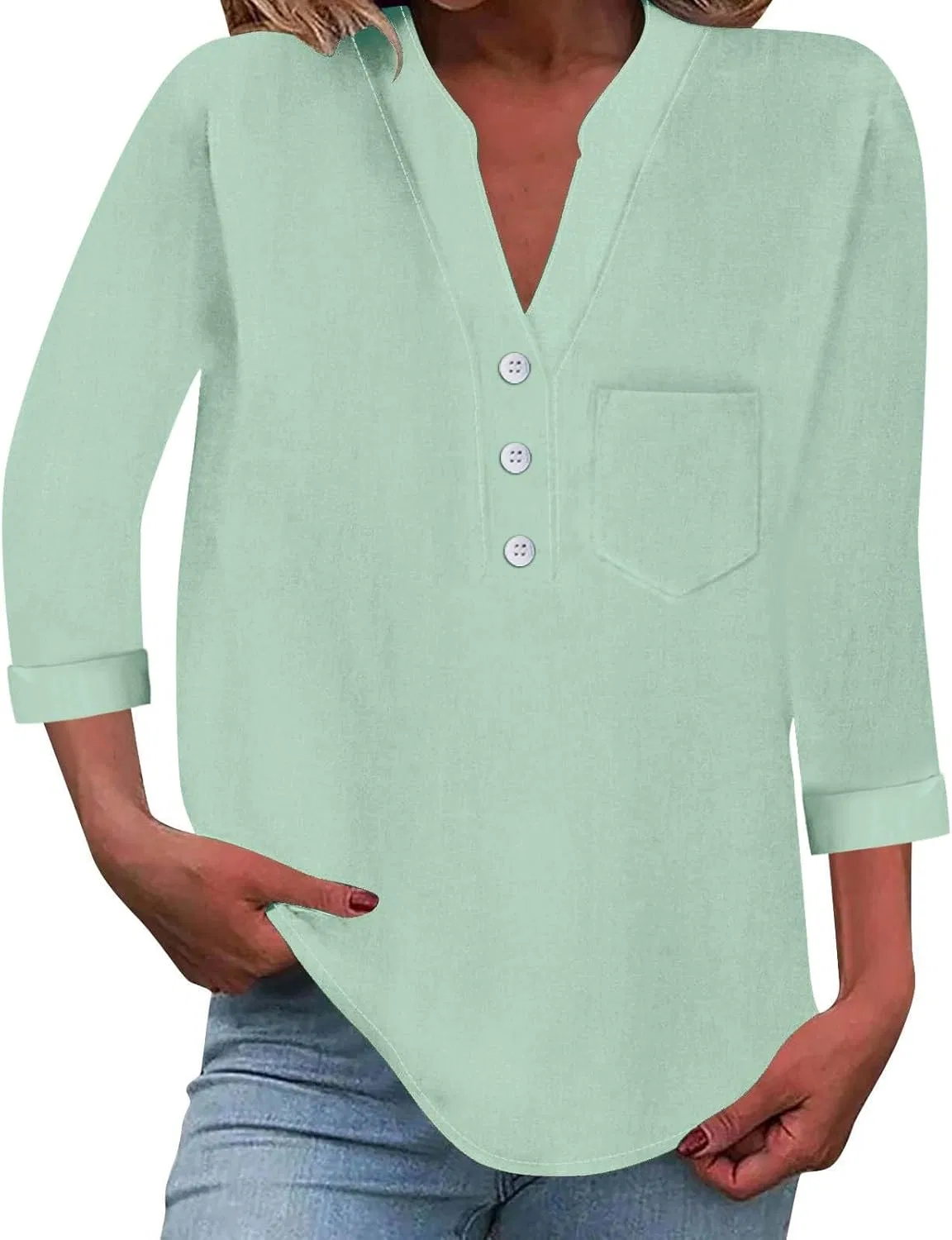Блуза с V-образным вырезом, 3/4 рукава, с вышивкой, Mint Green