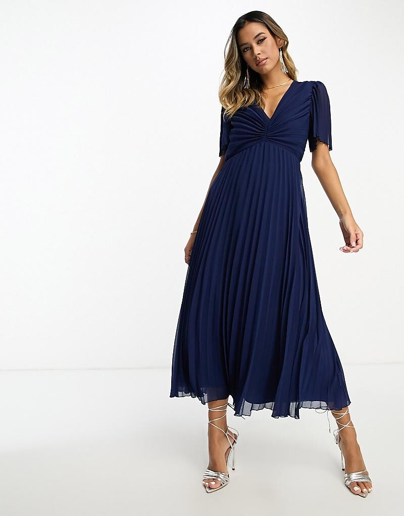 

ASOS DESIGN – Темно-синее платье миди со складками и развевающимися рукавами