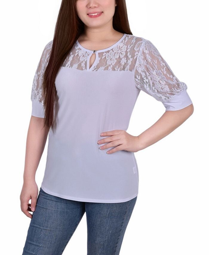 

Женский топ с короткими пышными рукавами, кружевными рукавами и кокеткой NY Collection, белый
