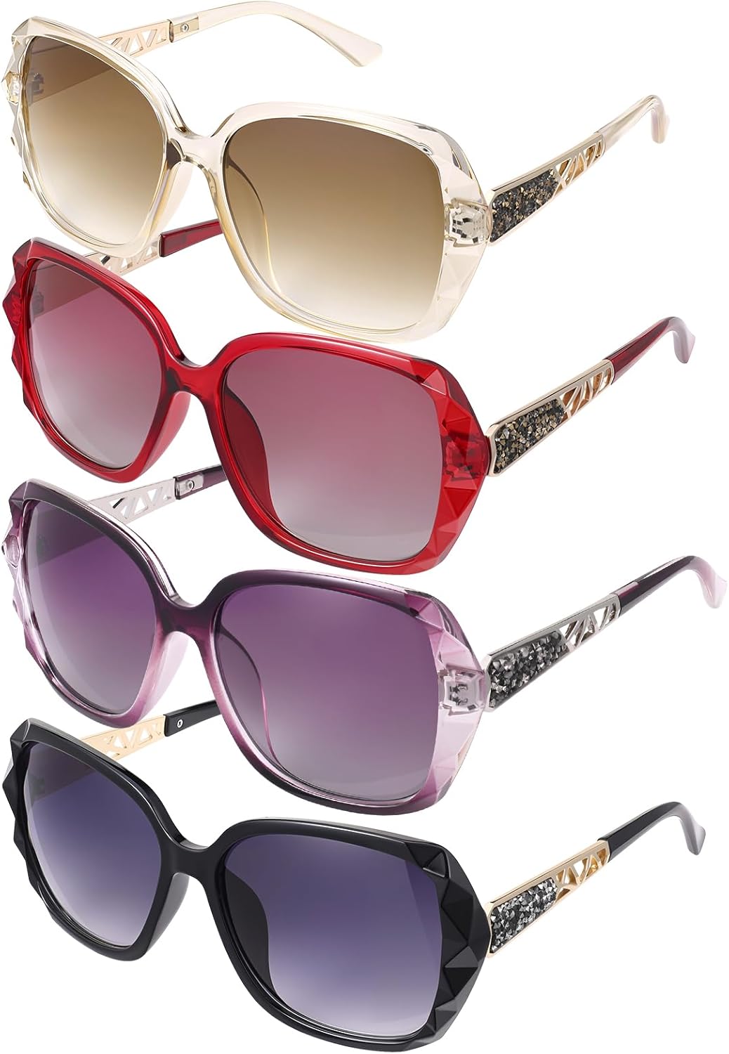 

DragonflyDreams 4 шт. женские большие солнцезащитные очки, защита от УФ-излучения UV 400, классический тренд, блестящая большая оправа, Upgraded Black /Frame Gray/Red+gray/Beige+brown/Purple