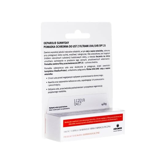 

Губная помада с фильтрами UVA/UVB, SPF 25, 4,8 г Oeparol, Sunnyday