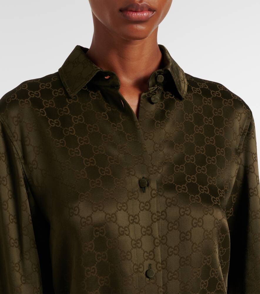 GG поясное платье-рубашка из сатинового жаккарда Gucci, Greysh Army Green — фото 4