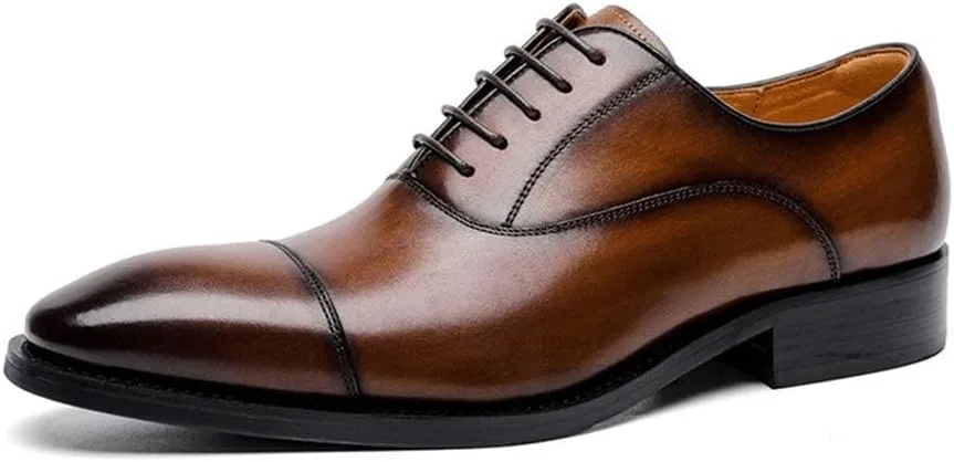 Туфли Kleid Oxford Schuhe für Männer Schnürmütze rund gebrannte Zehenleder Leder Schlupffest Block Heel Low Top Non Slip Classic Generic, Braun
