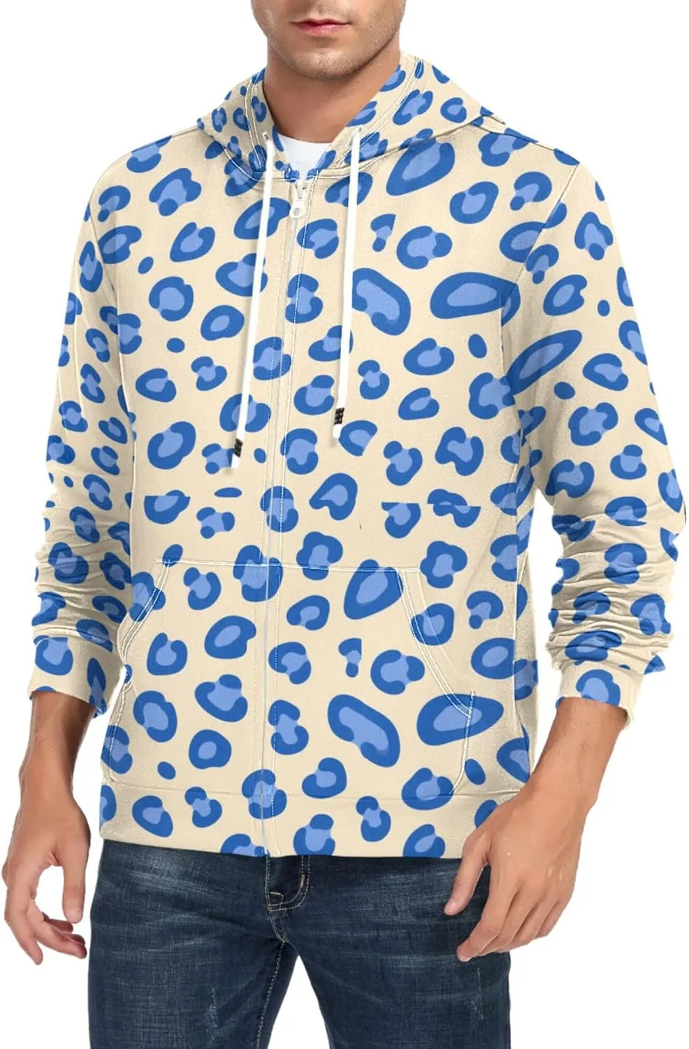 

Мужская толстовка с полной молнией, синяя в леопардовом принте, с длинными рукавами и карманом CUPADA