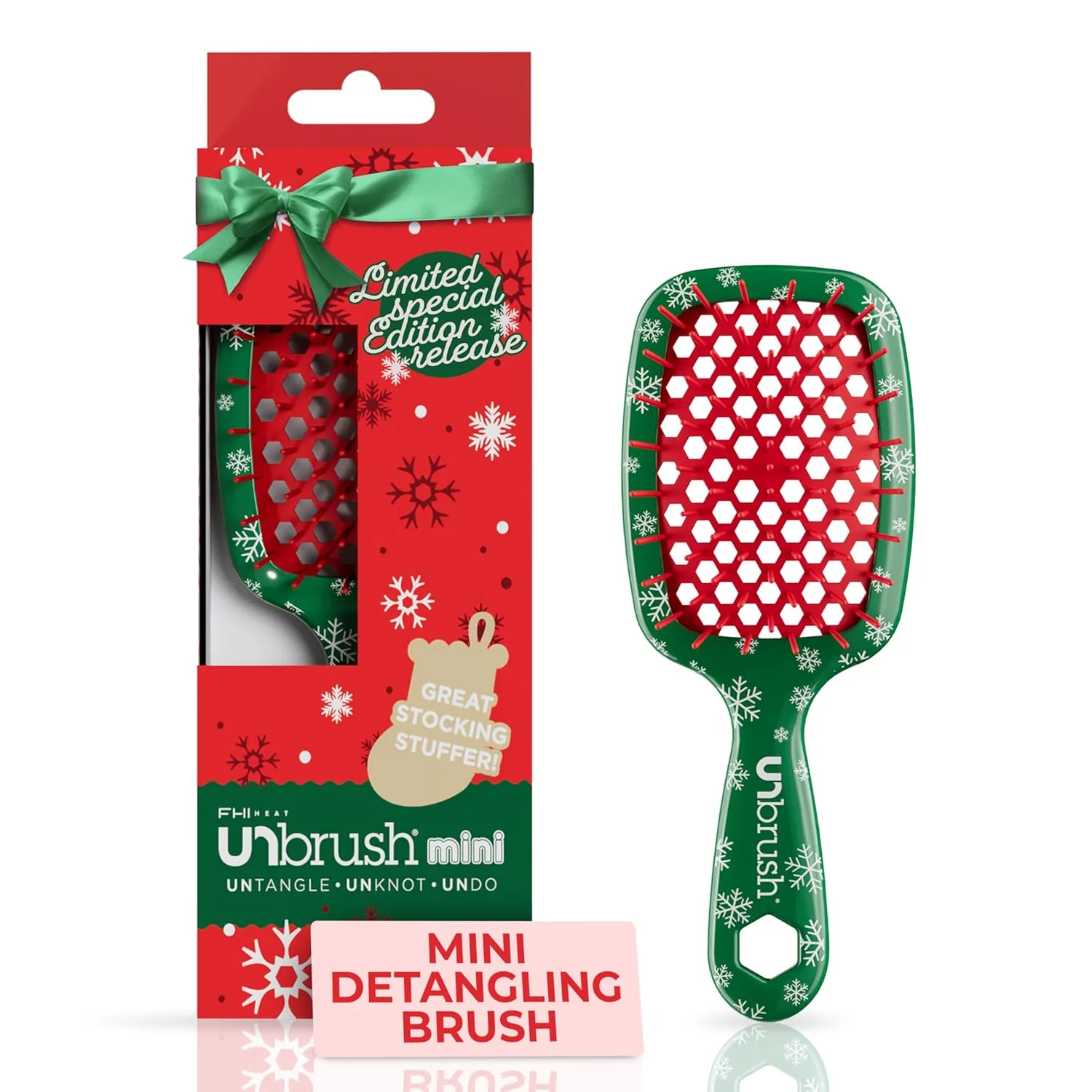 Мини-щетка для волос UNbrush Mini Holiday Hair Brush для безболезненного расчесывания всех типов влажных и сухих волос. Fhi Heat, Snowy Pine Green