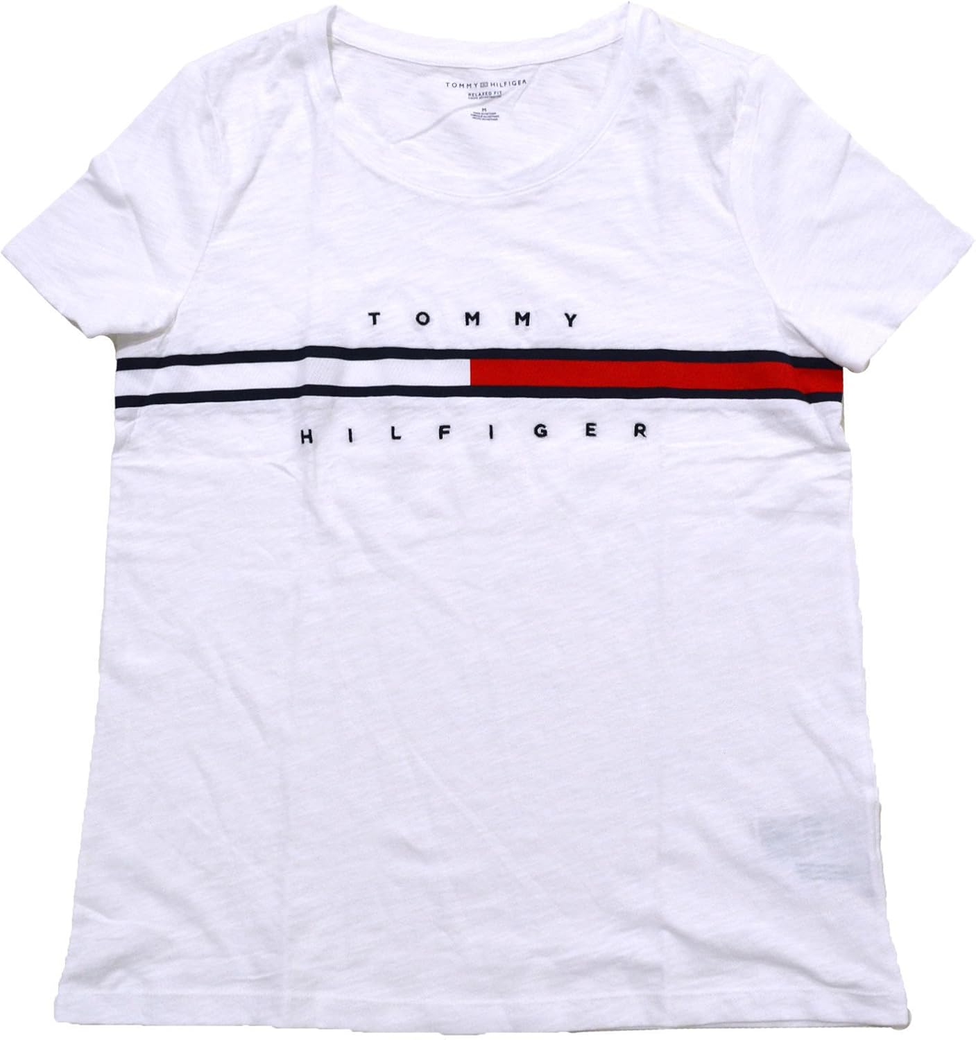 

Женская футболка с полосатым логотипом Tommy Hilfiger, White, Белый, Женская футболка с полосатым логотипом Tommy Hilfiger, White