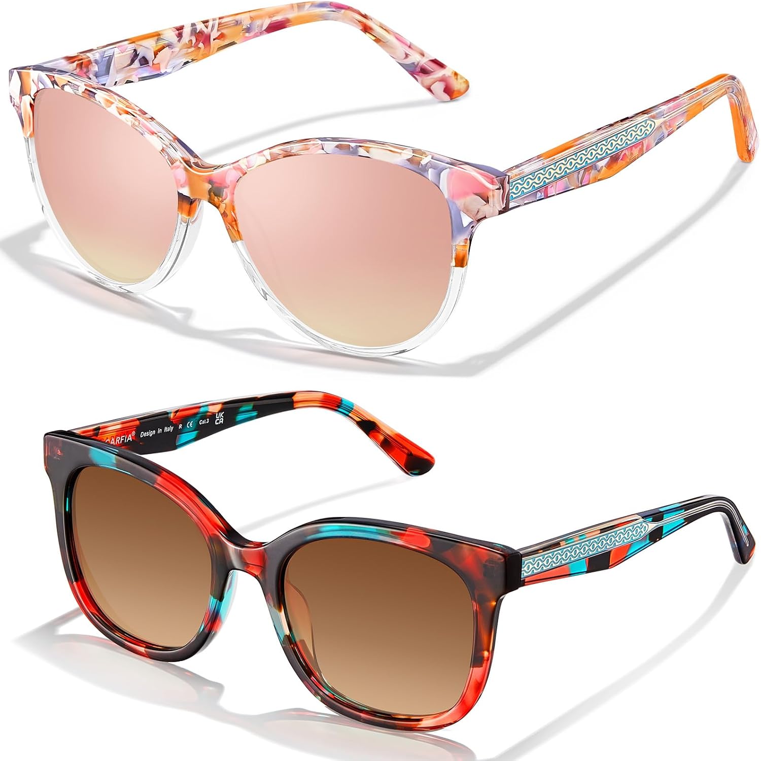 

Женские поляризованные солнцезащитные очки CARFIA «Кошачий глаз» из ацетата с цветочным узором, защита от УФ-излучения, ретро-стиль с рельефным рисунком и проволочным каркасом