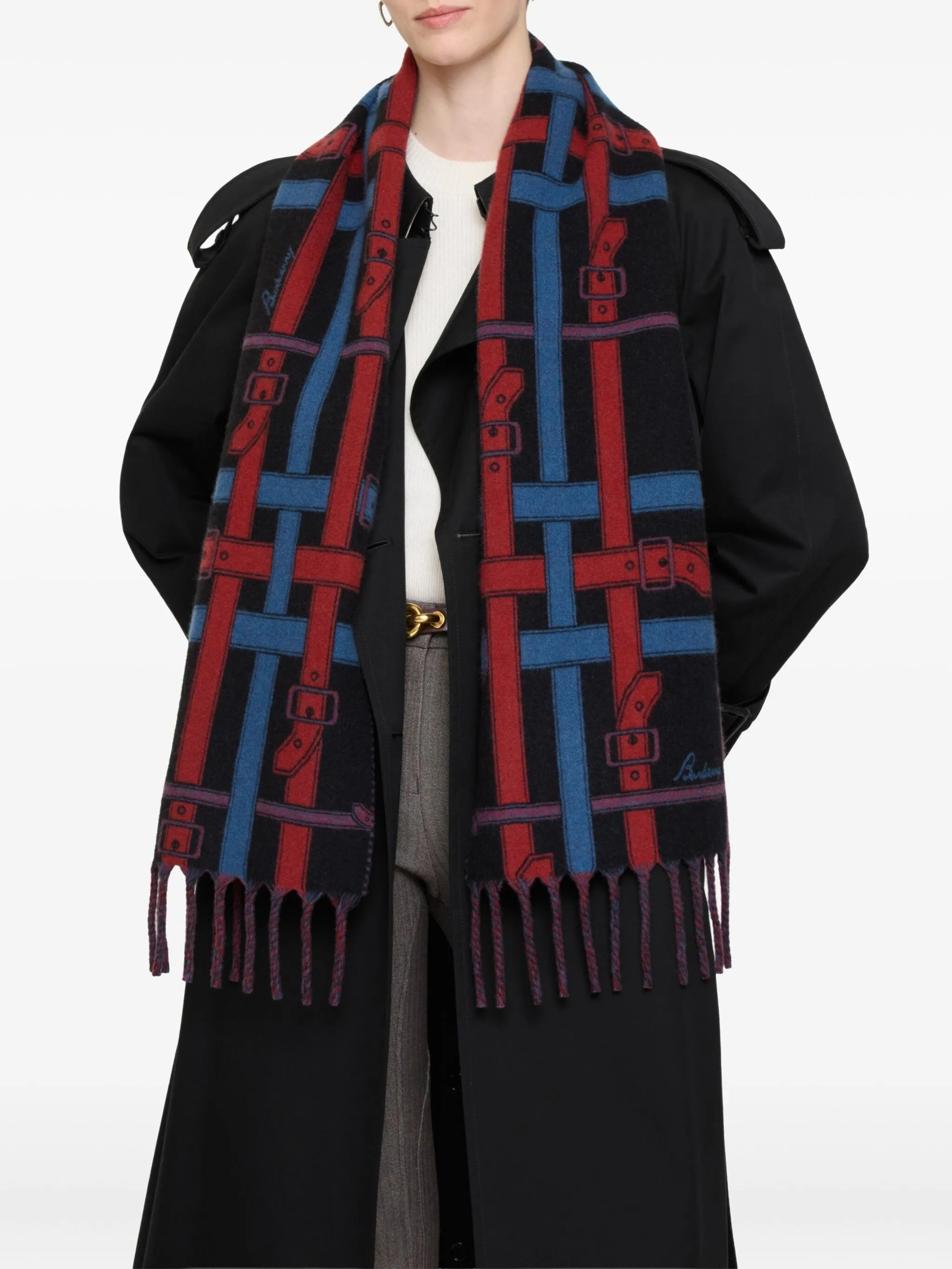 Кашемировый шарф в клетку с поясом Burberry, синий — фото 4