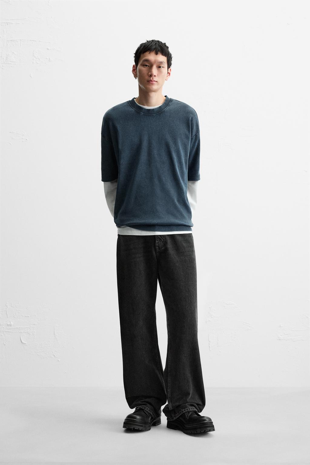 

Выстиранная футболка свободного покроя ZARA, цвет Blue/Grey