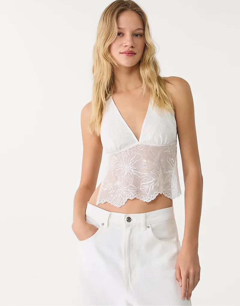 

Топ Stradivarius с бретельками через шею, расшитый пайетками, в цвете экрю