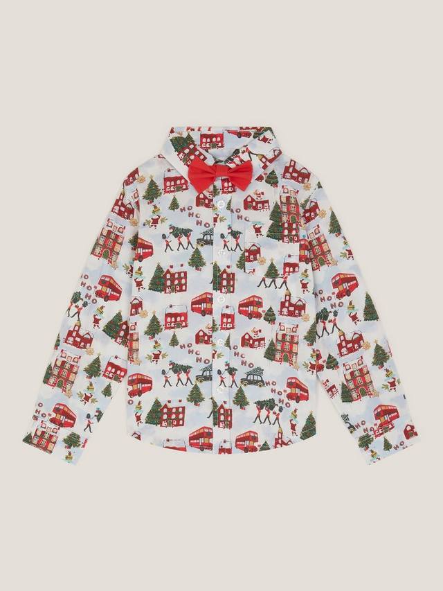 

Детская хлопковая рубашка с длинным рукавом и новогодним принтом Monsoon, Ivory