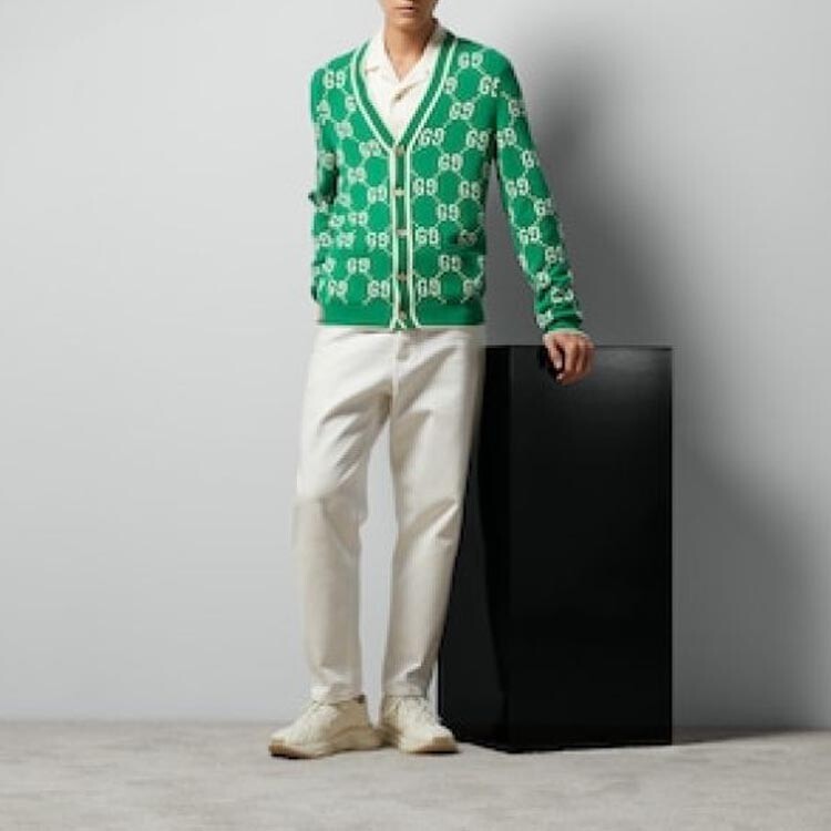 Кардиган из хлопка с интарсией GG Gucci, зеленый — фото 2