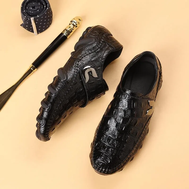 Мужские лоферы из тисненой кожи крокодила, Chen Lin, Black — фото 2