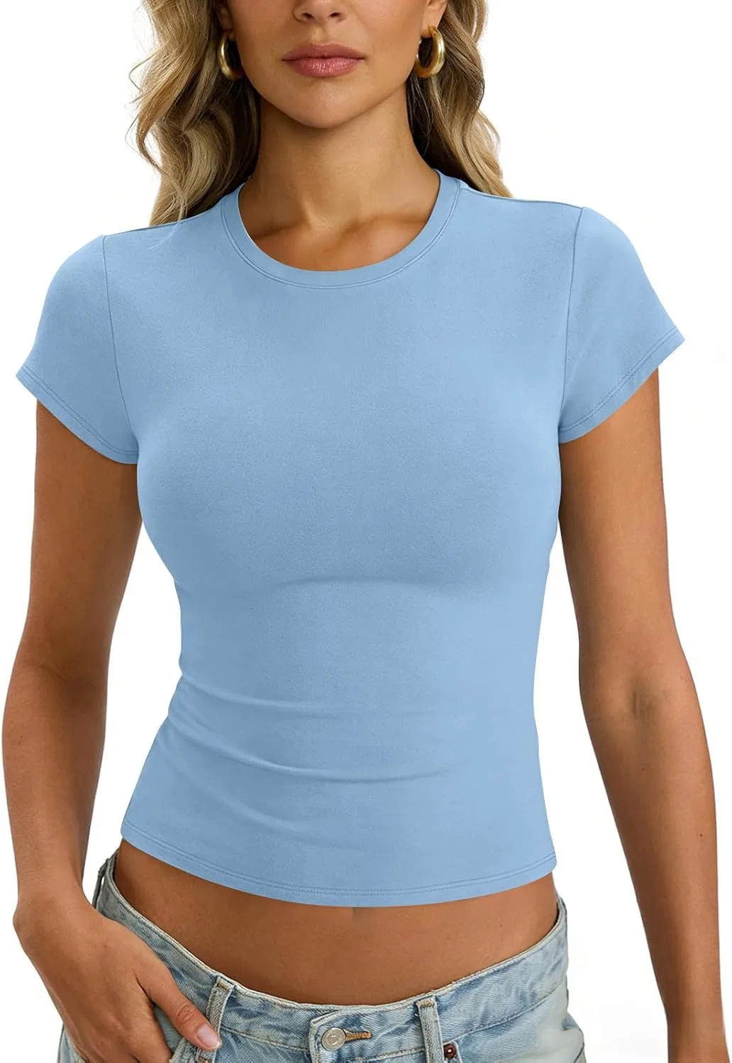 Женская футболка с круглым вырезом, хлопок, C005- Light Blue — фото 4