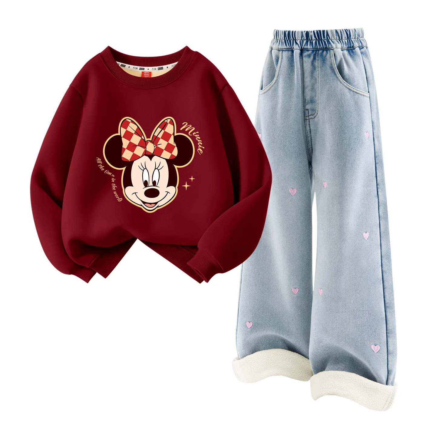 Детский спортивный костюм с круглым вырезом Disney, [Thickened and Fleece-Lined]Dini Star Burgundy+Solid Color Denim Light Blue