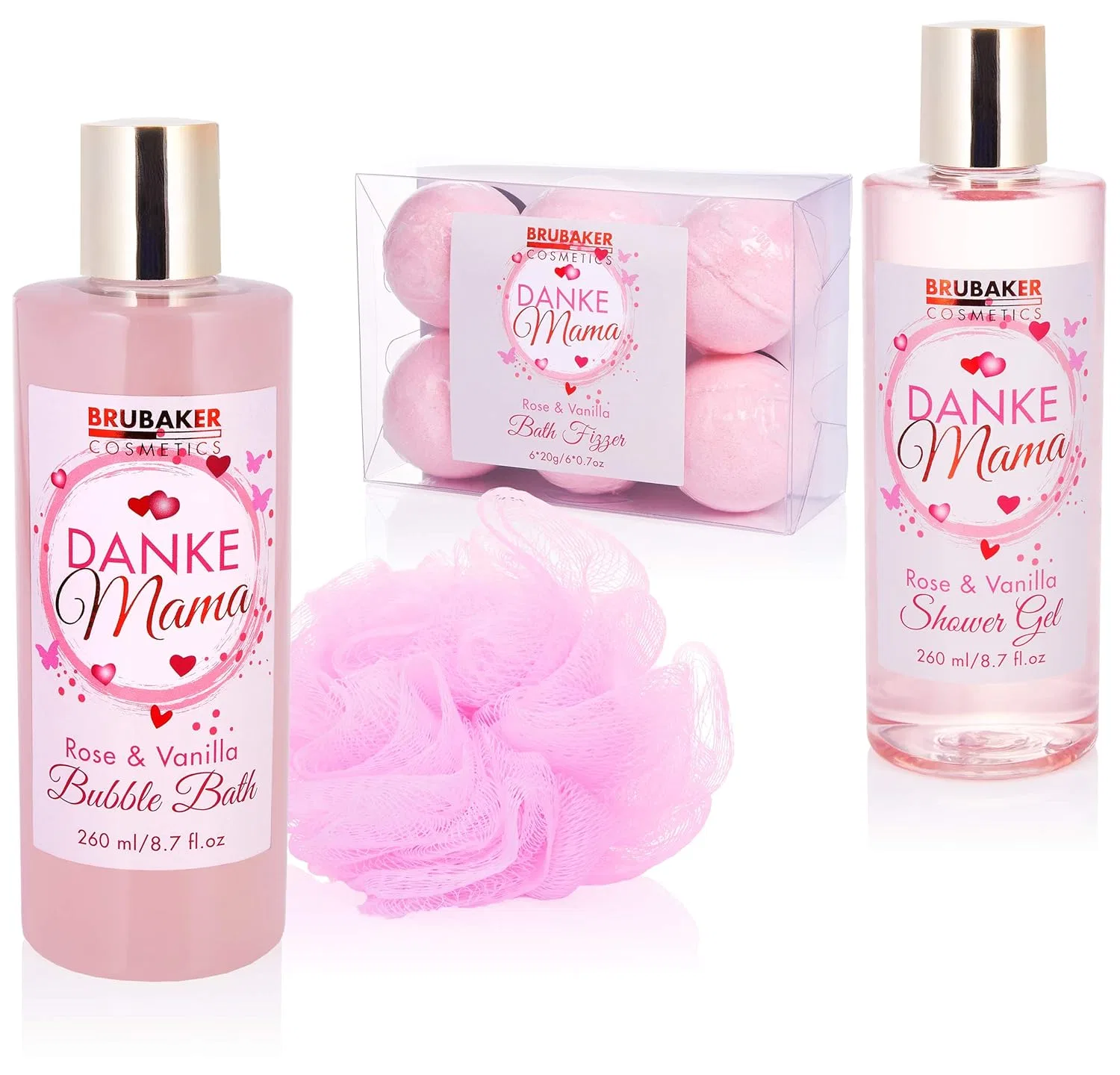 Подарочный набор для ванны и душа Brubaker Cosmetics Danke Mama, аромат розы и ванили Brubaker, Pink Gift Set In Decorative Basket — фото 2
