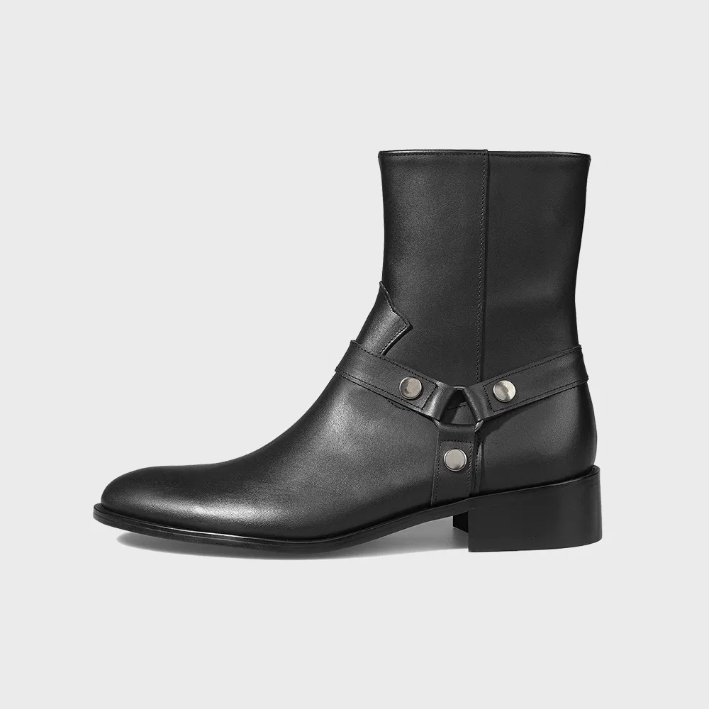 Мужские кожаные ботинки на молнии Slim Toe Velcro Line, блестящие чёрные, от Firenze.A — фото 2