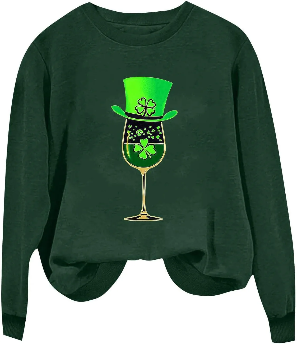 Свитшот St. Patrick's Day для женщин, зеленый, с принтом Wine Glass, длинный рукав, круглый вырез — фото 3