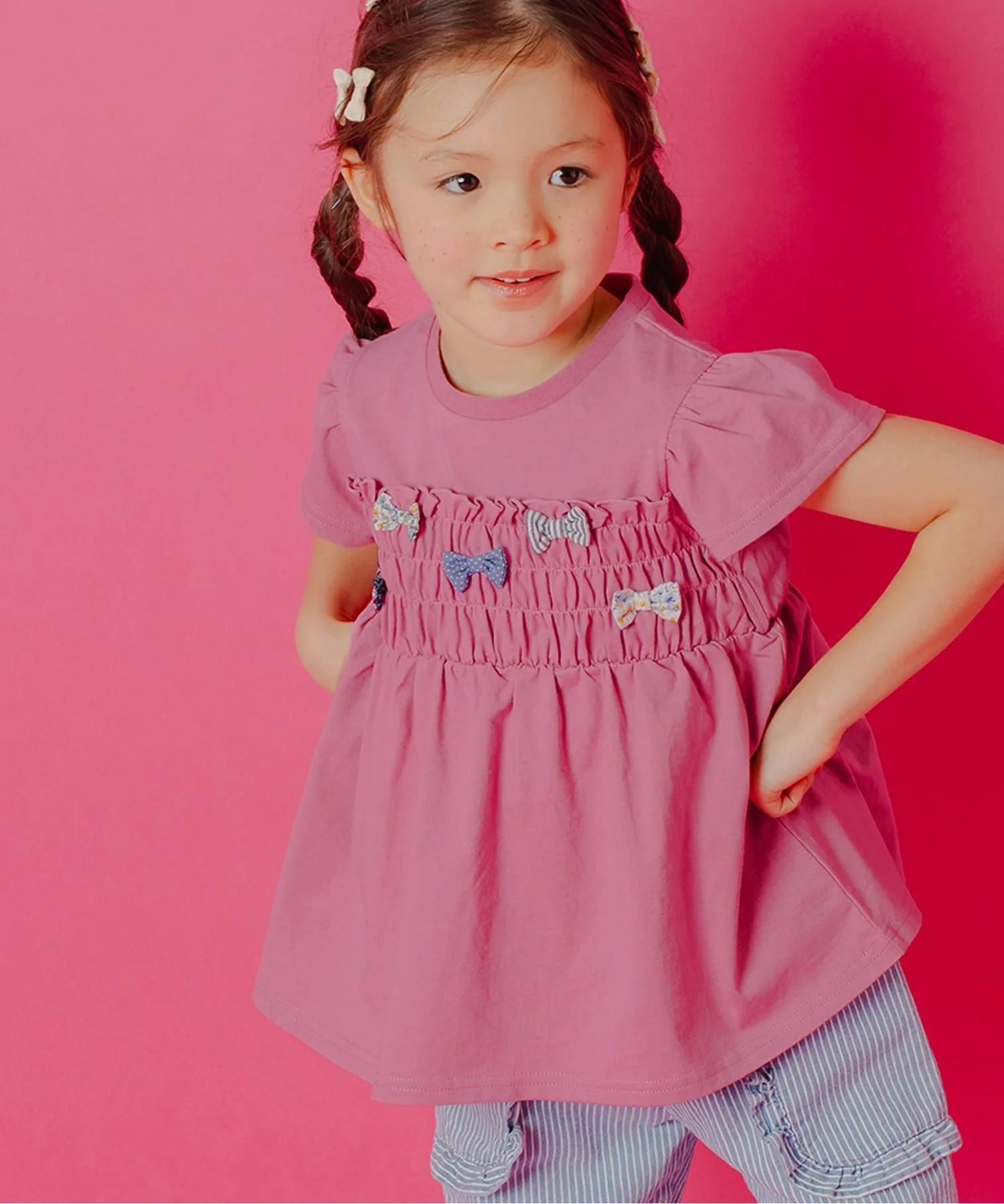 Детская футболка с рюшами и лентами Ribbon Charm Peplum T-shirt Boribon розовая
