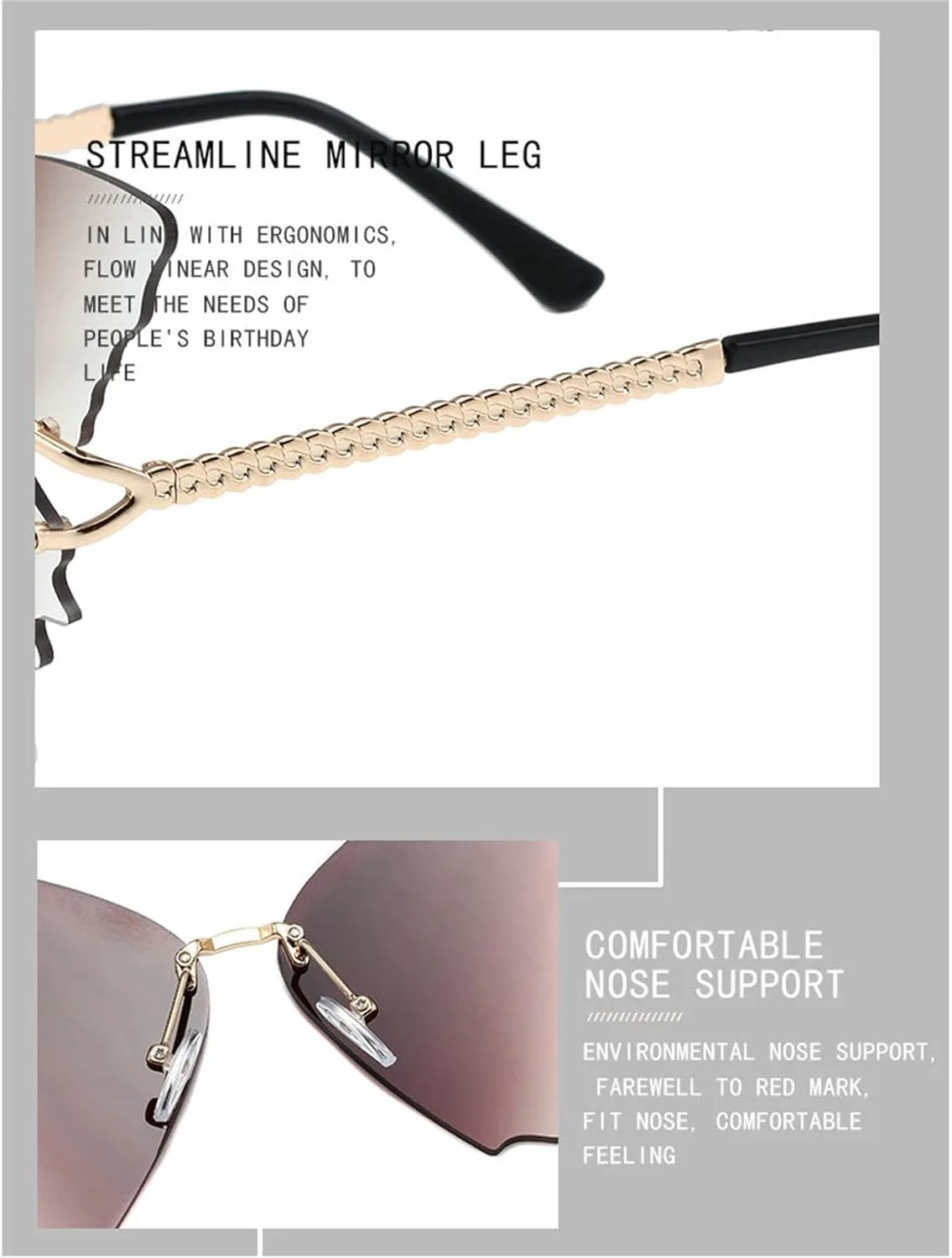 

Солнцезащитные очки Willochra Butterfly для женщин, большие безободковые очки, модные солнцезащитные очки «кошачий глаз», стиль уличной моды, 2pcs-gray&brown