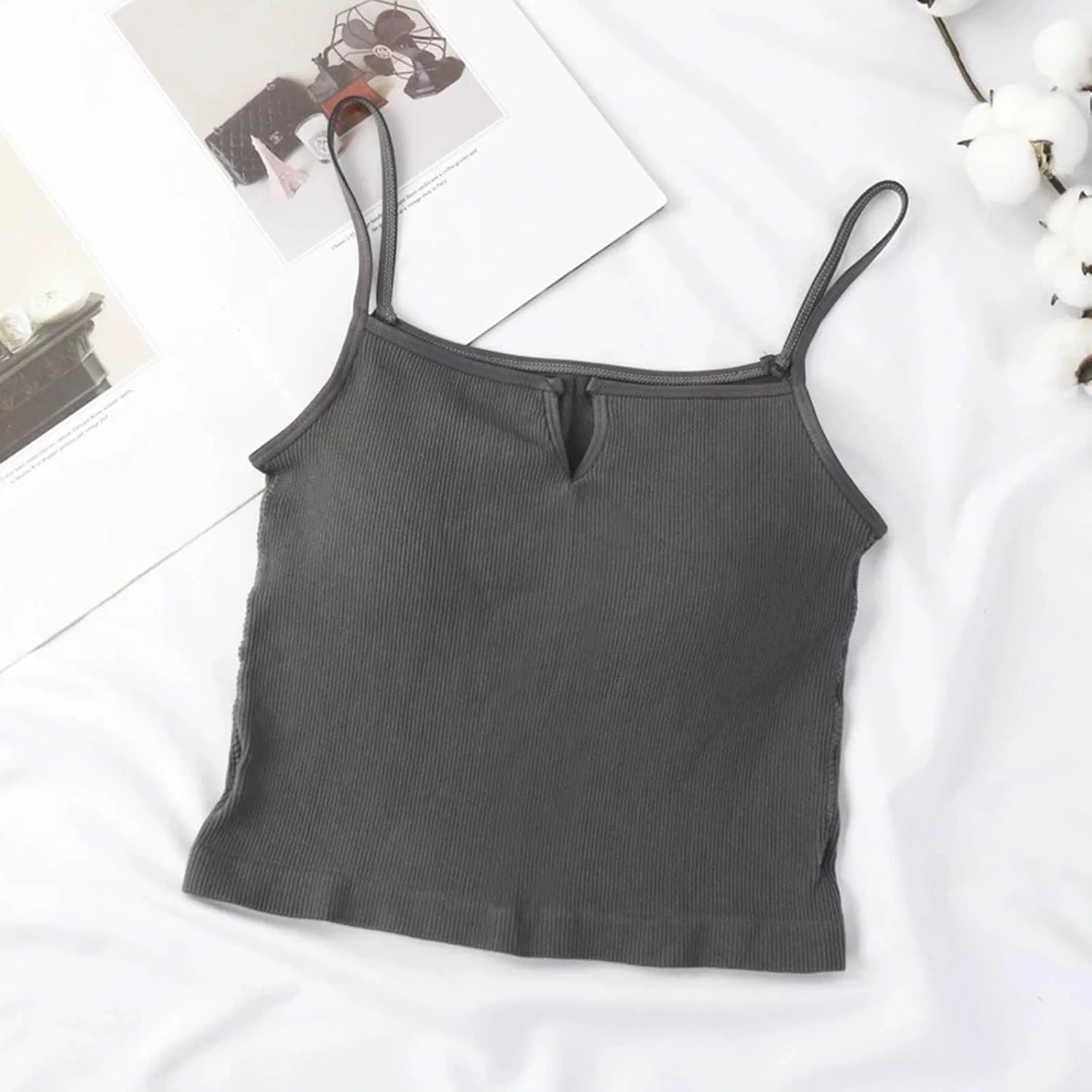Топ с встроенным бюстгальтером для женщин Ribbed, Y2K, Dark Gray — фото 4