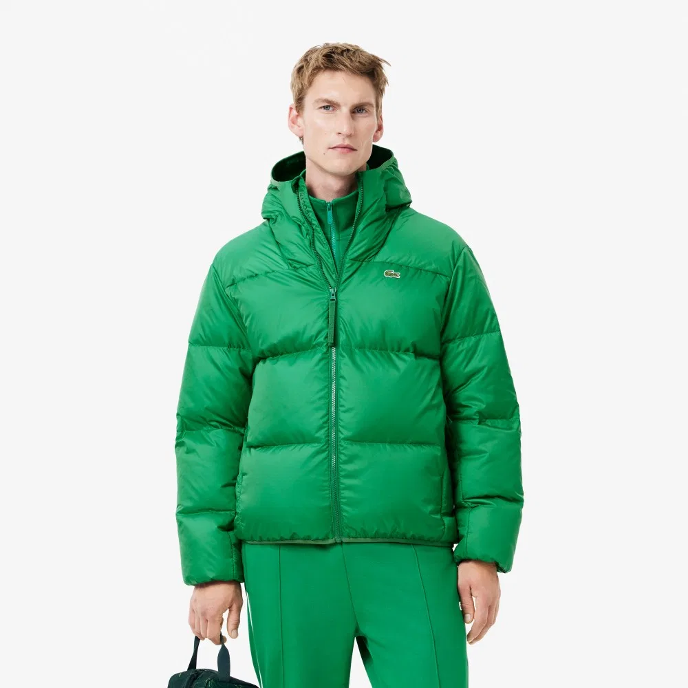 Мужской пуховик с капюшоном зелёного цвета от Lacoste