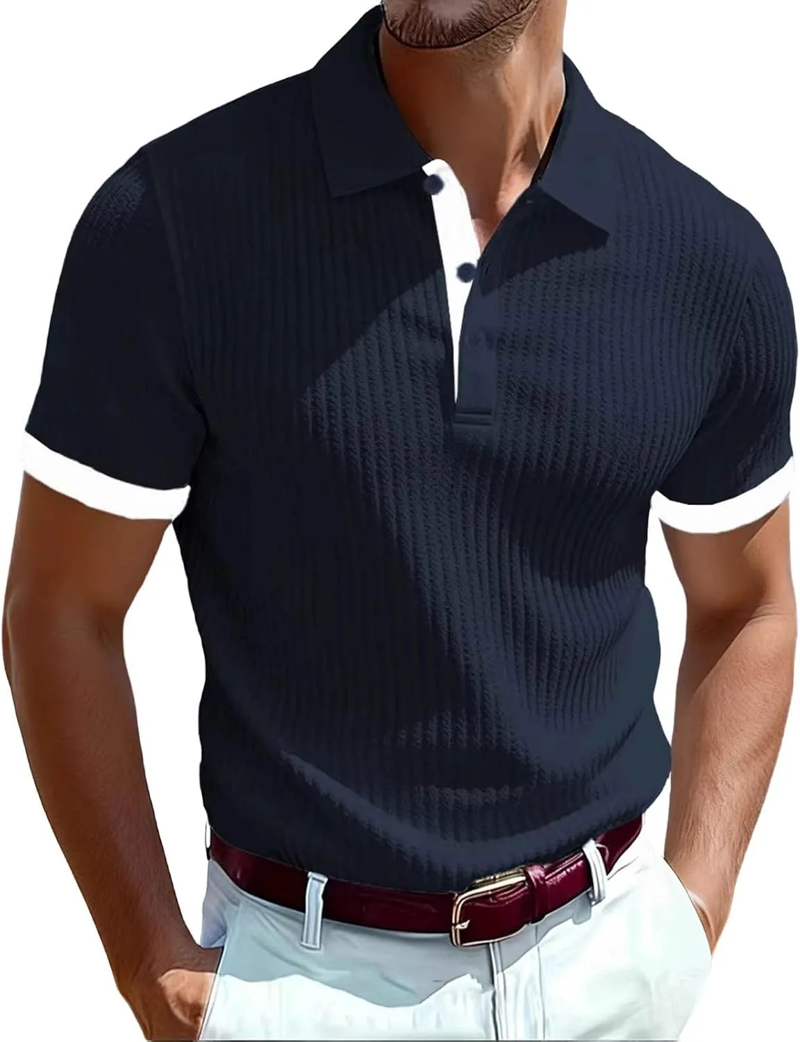 

Мужская поло с фактурной вязкой, короткий рукав, slim fit Xiaojmake