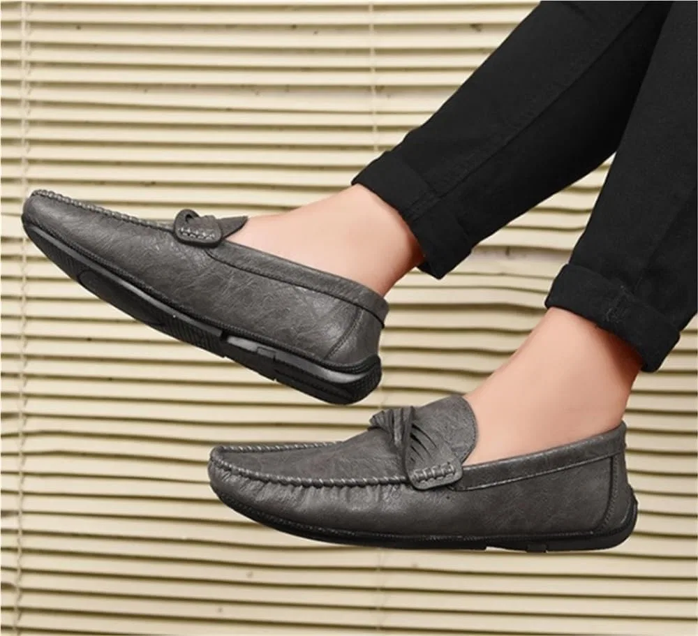 Мокасины кожаные Mens Vegan Leather Loafers Slip-On Round Toe Moccasins Anti-Slip Flat Heel, серый DHFIRUFSHLO — фото 2