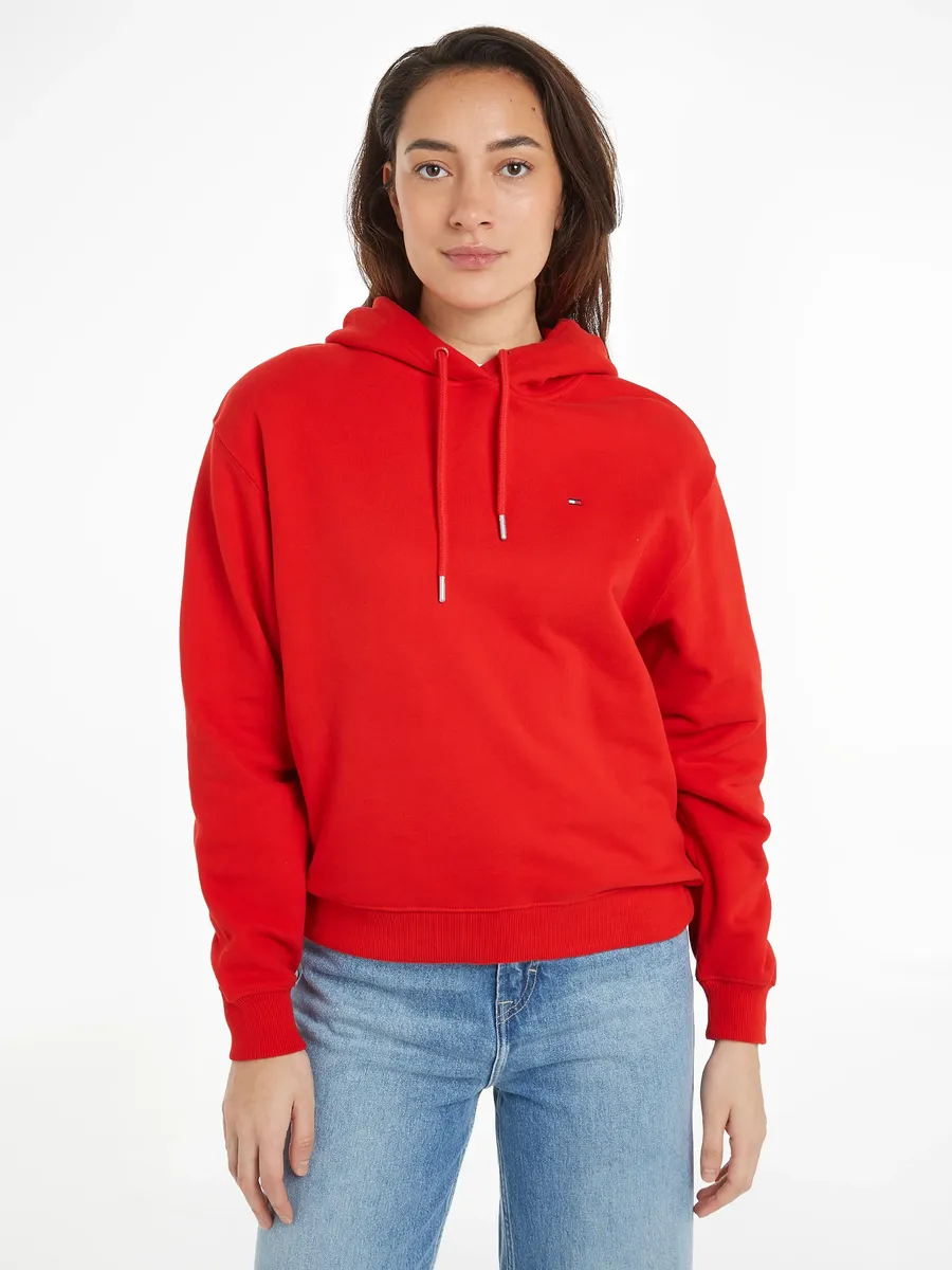 

Толстовка Tommy Hilfiger с капюшоном "REG FLAG ON CHEST HOODIE", капюшон со шнурком, вышивка, флаг-логотип, красный