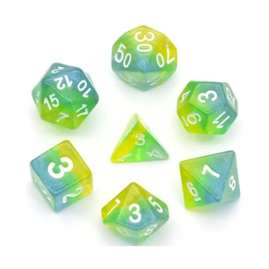 

Набор Poly — синий, зеленый и желтый с белым (7), Dice Sets - Resin/Acrylic - Rainbow & Multi-Colored (Foam Brain Games)