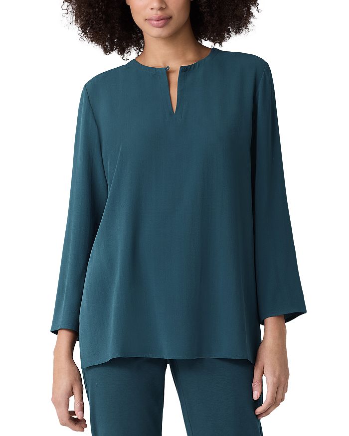 

Шелковая туника с круглым вырезом из креп-жоржета Eileen Fisher, зеленый