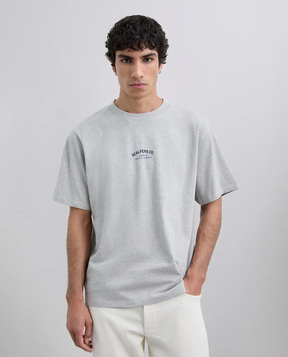 

Мужская хлопковая футболка с коротким рукавом с принтом на передней и задней части Scalpers, светло-серый