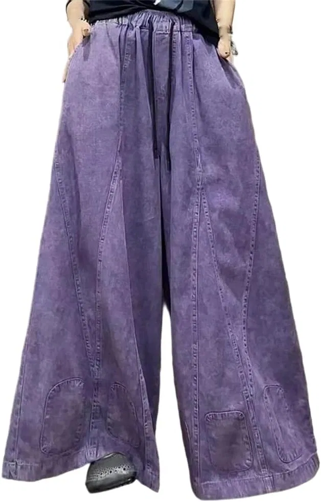 Джинсы свободные джинсовые, Women Spring Loose Denim Wide Leg Pants Casual Vintage Jeans Ladies Patchwork Solid Trousers, 004