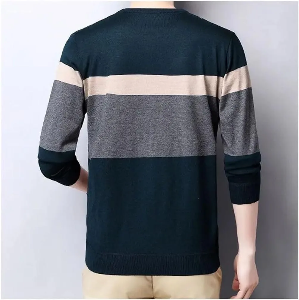Мужской полосатый свитер Wool Pullovers - тонкий повседневный свободный вязаный топ с длинным рукавом — фото 3