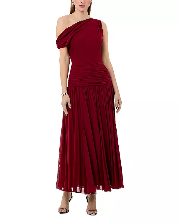 

Асимметричное миди-платье Reece с открытыми плечами и клиньями. Nicholas, фиолетовый