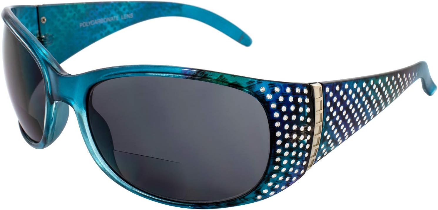 

Женские модные мотоциклетные солнцезащитные очки Global Vision Galaxy с бифокальными линзами, хромированной отделкой и стразами, синей оправой и дымчатыми линзами, увеличение 2,5, Smoke