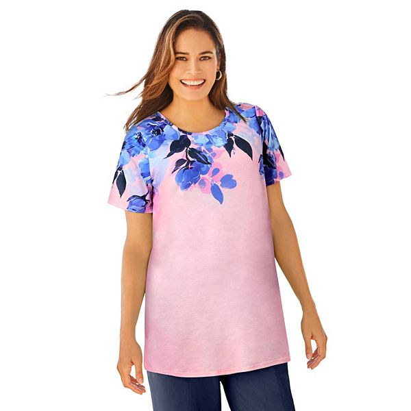 

Туника с коротким рукавом в технике watercolor, plus size Woman Within, Pink Tie Dye Bloom